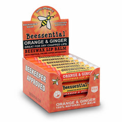 Beessential orange-ginger lip balm tubes in an 18-pack for smooth lips.