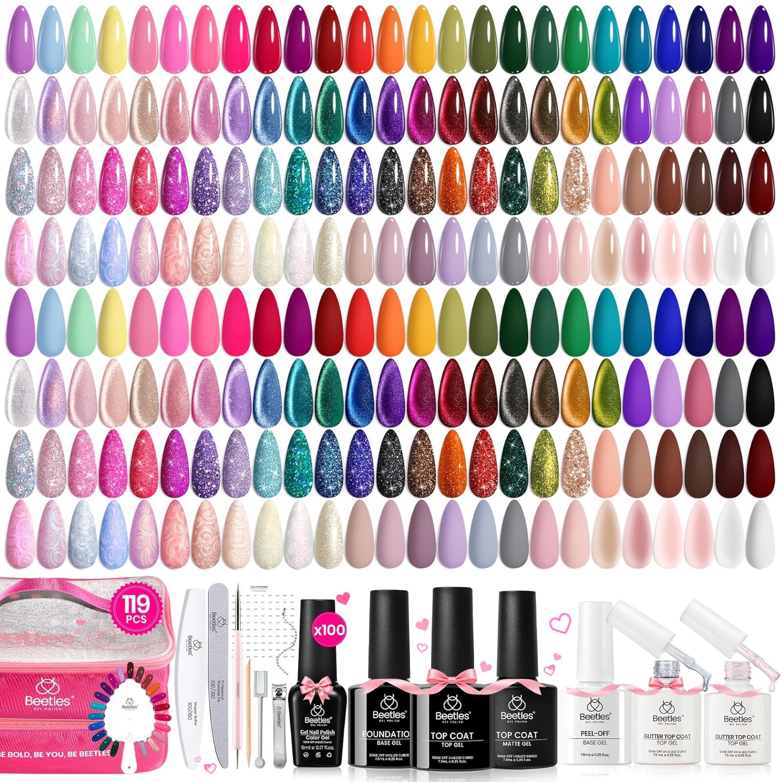 Beetles 119-pcs gel nail polish set packaging showing comprehensive at-home manicure kit