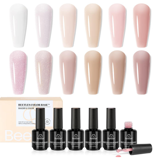 Beetles 12-Color Rubber Base Gel Polish bottle offers a long-lasting base option for DIY manicures.