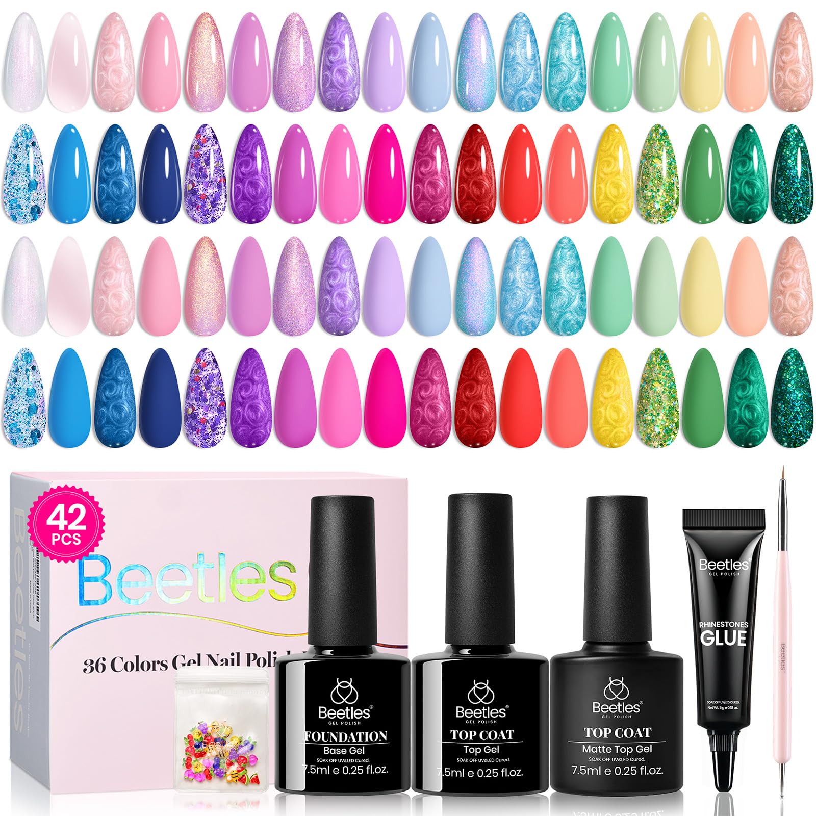 Beetles 36-color gel polish set with vibrant spring shades for versatile nails.