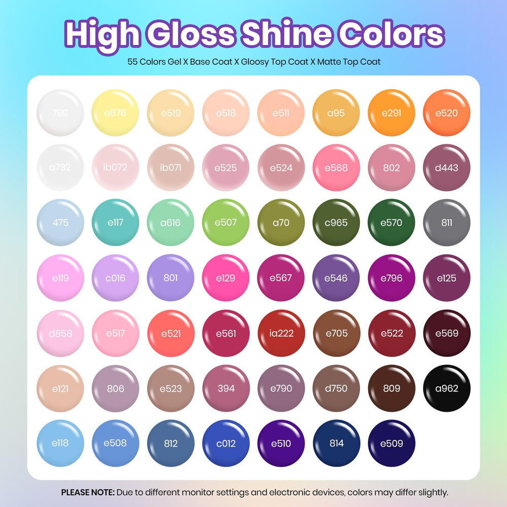 Beetles 55-color display offers wide shade options for creative nails.