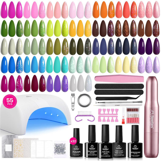 Beetles 55-piece gel nail kit with LED lamp for home manicures.