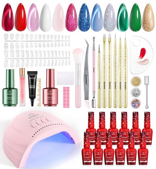 Beetles 67Pcs gel kit with UV light for at-home manicure versatility.