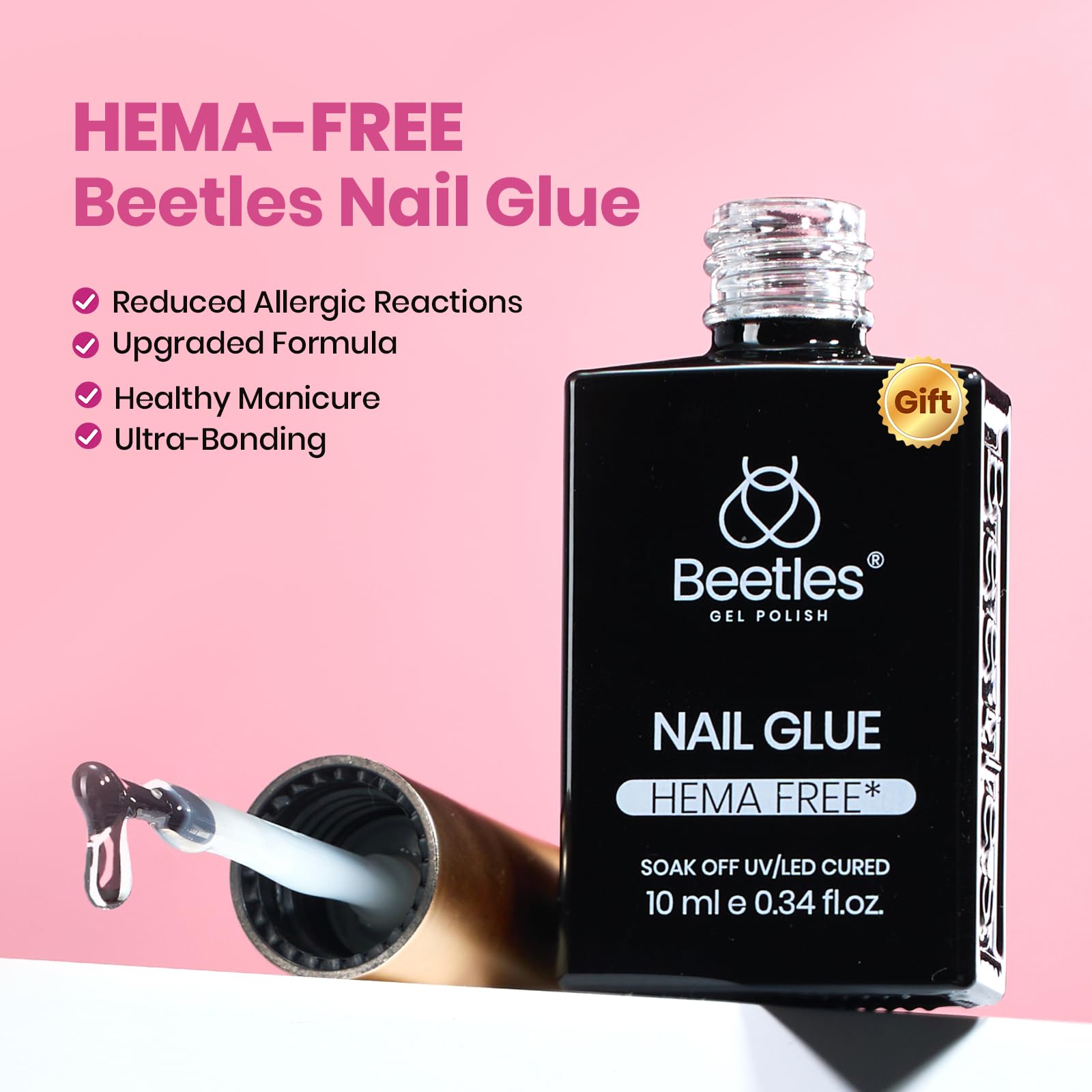 Beetles HEMA-free nail glue gel 10ml bottle highlights skin-friendly formula.