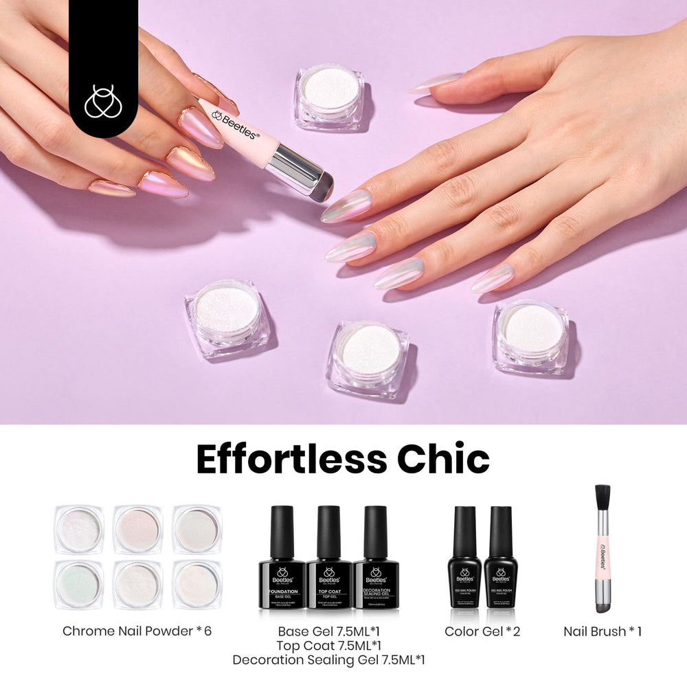 Beetles Aurora Pearl White swatch on nails shows pearlescent shine.