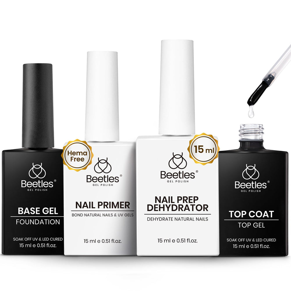 Beetles Base Coat No Wipe enhances adhesion and shine for gel nails.