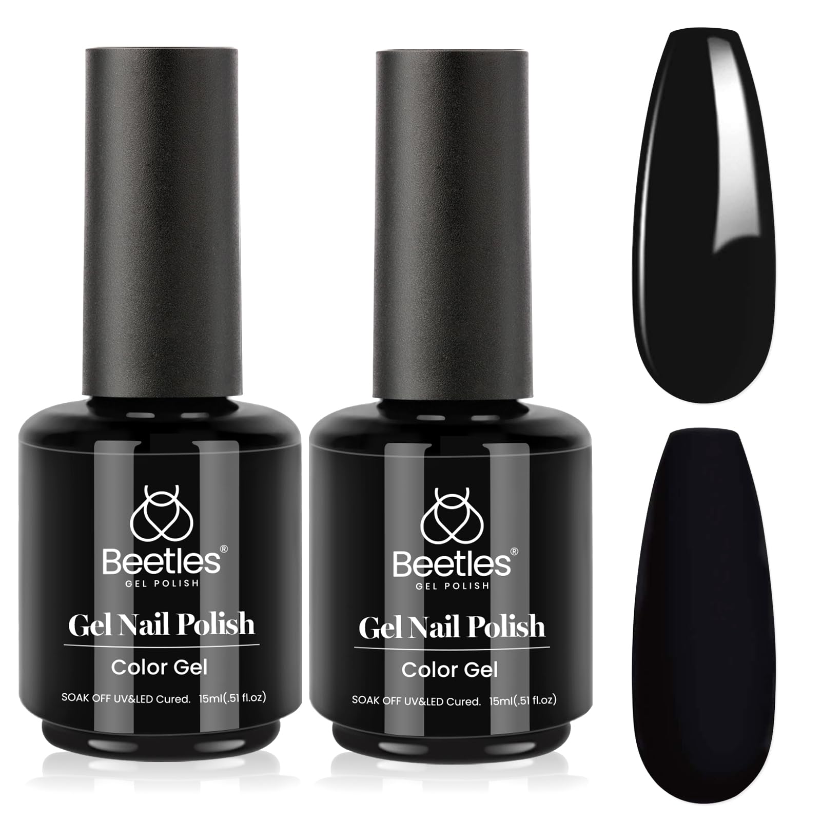 Beetles Black Gel Polish two-bottle pack for bold color and lasting shine.