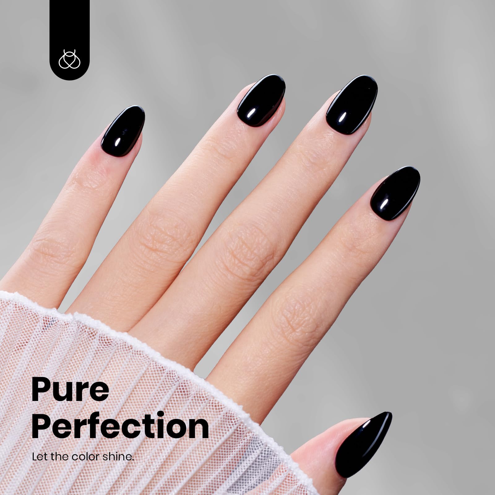 Beetles Black Gel Polish swatch on nail for full-coverage look.