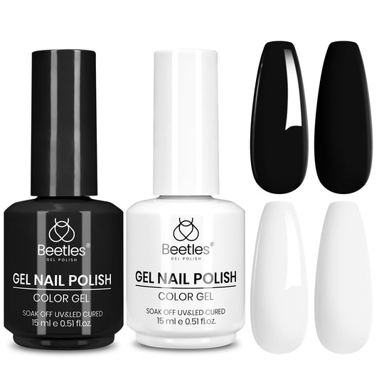 Beetles Black White gel polish set with two 15ml bottles for versatile at-home manicures.