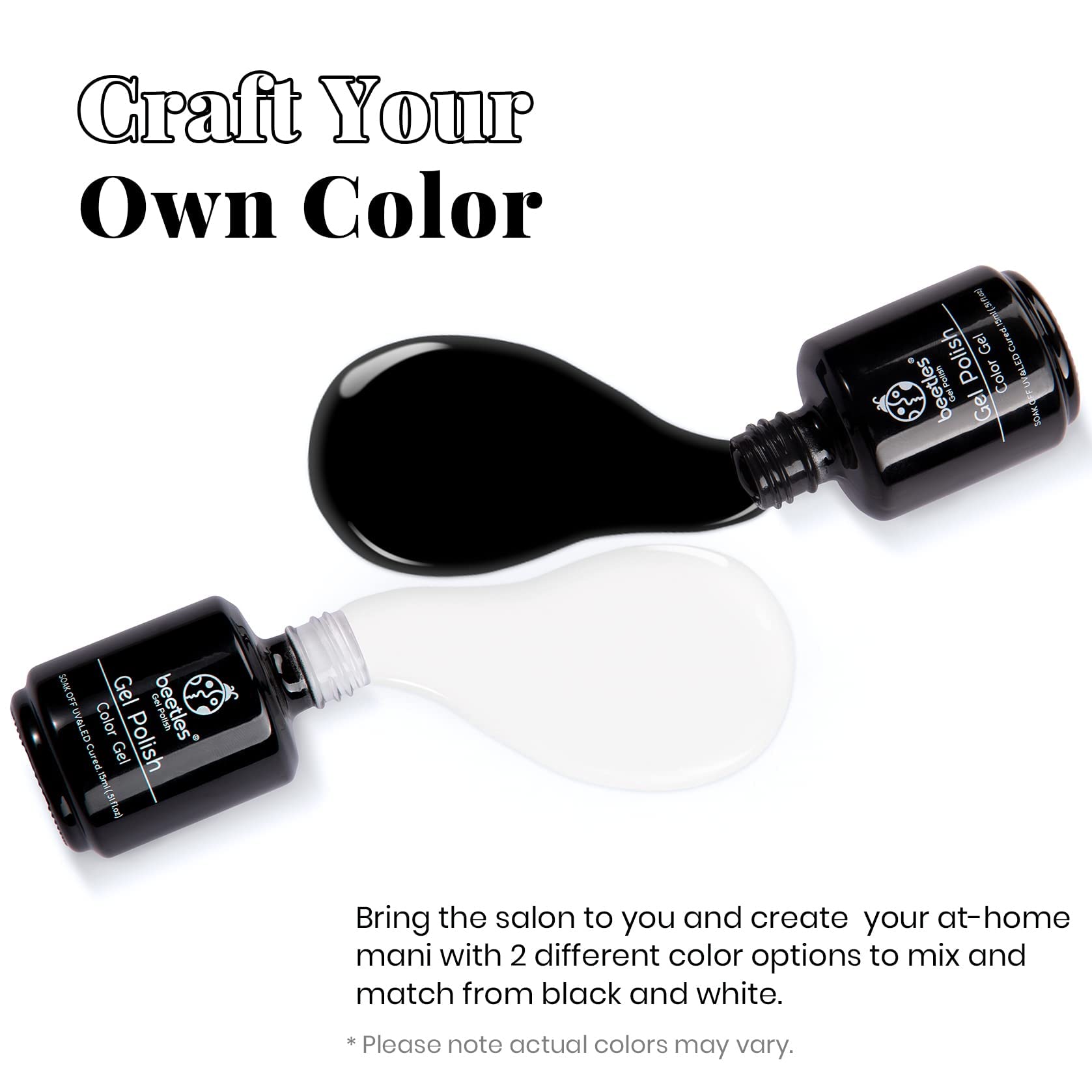 Beetles Black White gel polish close-up shows rich pigment for bold nails.