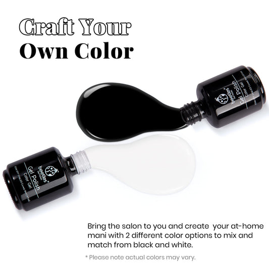 Beetles Black White gel polish close-up shows rich pigment for bold nails.