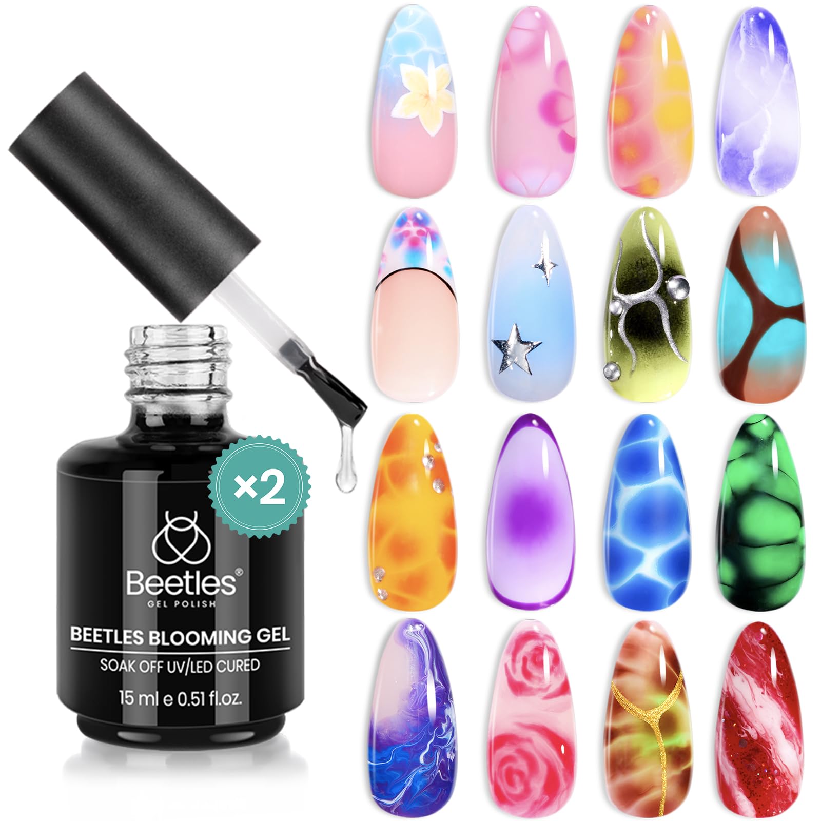 Beetles Blooming Gel clear bottle enabling vivid blooming effects on nails
