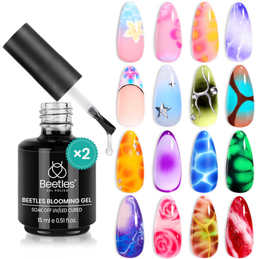 Beetles Blooming Gel clear bottle enabling vivid blooming effects on nails