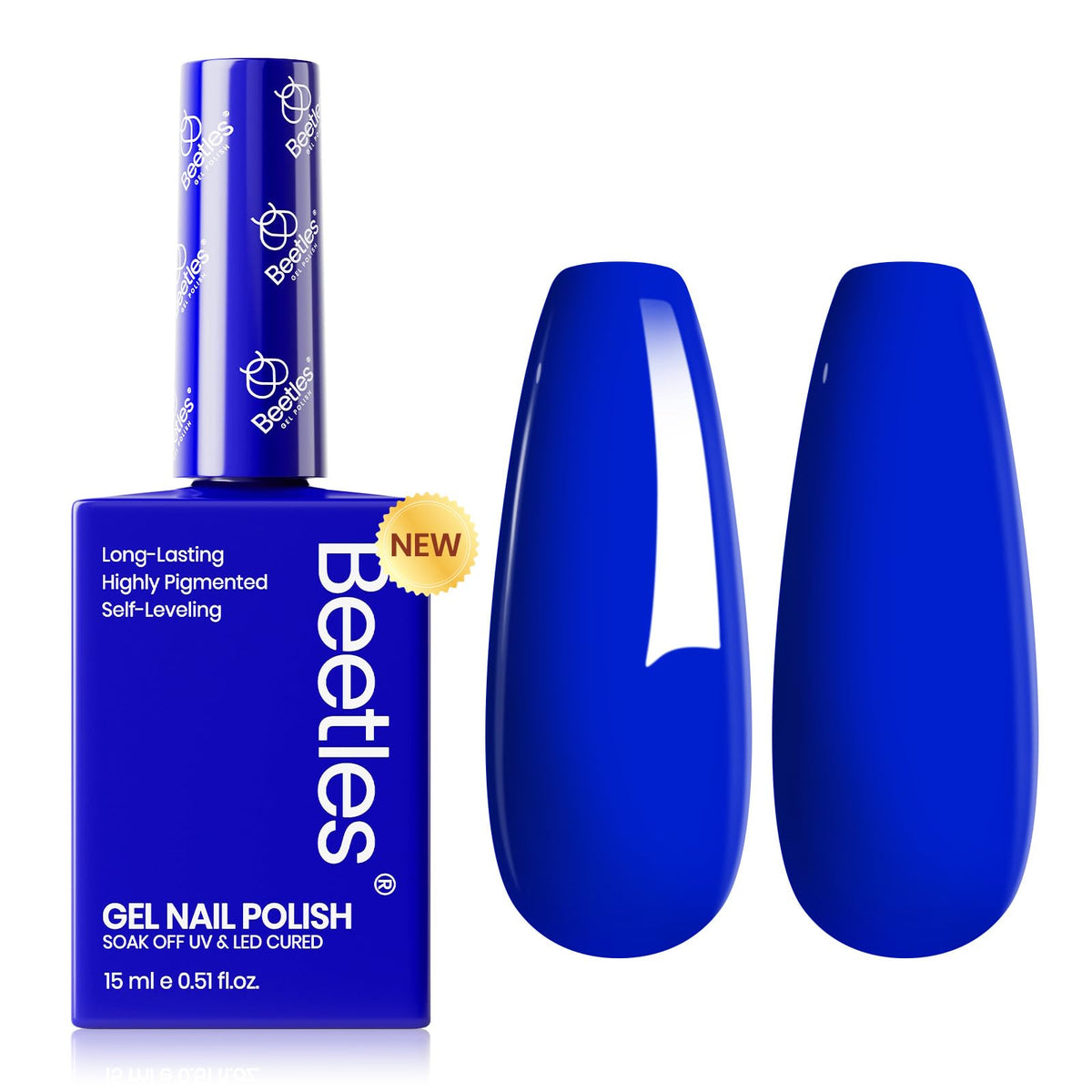 Beetles Blue Gel Polish Noble Night bottle close-up, showcasing a rich royal blue shade for chic nails.