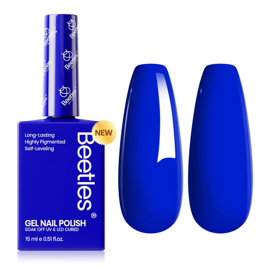 Beetles Blue Gel Polish Noble Night bottle close-up, showcasing a rich royal blue shade for chic nails.