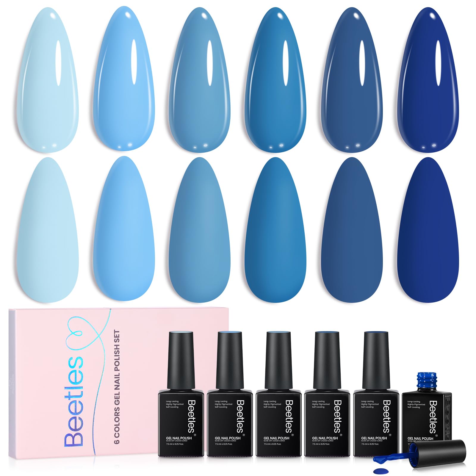 Beetles Blue Gel Polish Set: ocean-blue bottles ready for a chic manicure.