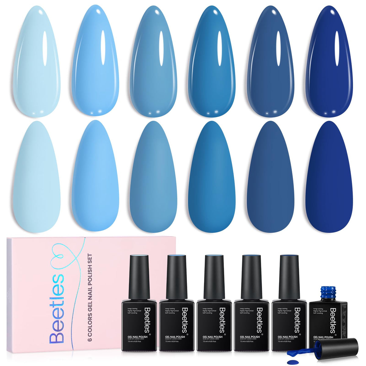 Beetles Blue Gel Polish Set: ocean-blue bottles ready for a chic manicure.