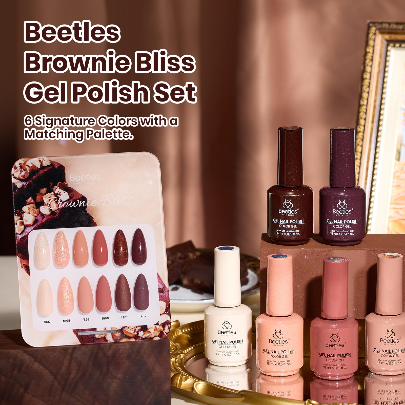 Beetles Brown Gel Polish Set color swatches highlight rich vintage browns with shimmering finish.