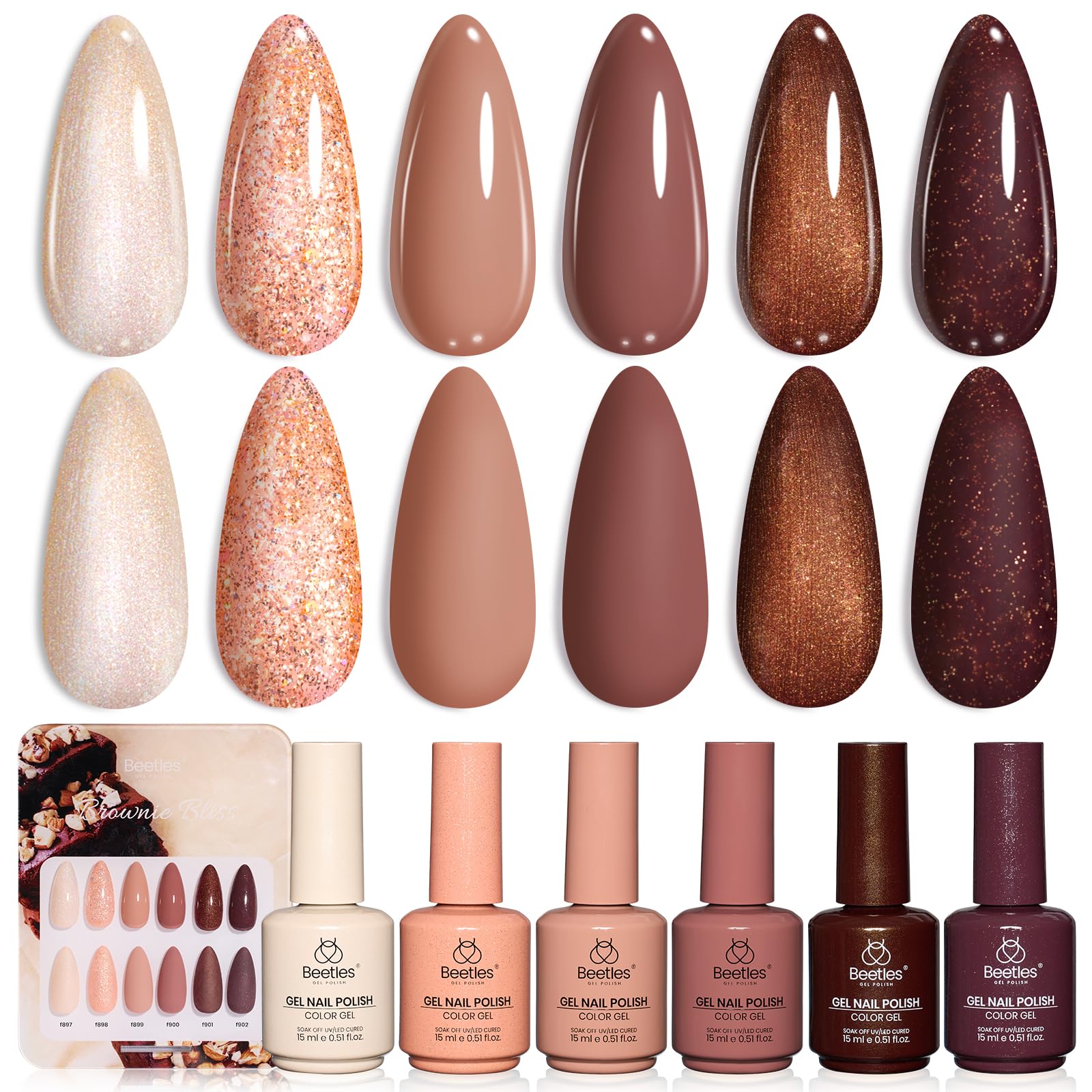 Beetles Brown Gel Polish Set display board shows six warm shades for at-home nail art.