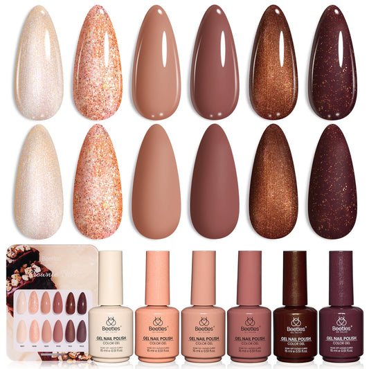 Beetles Brown Gel Polish Set display board shows six warm shades for at-home nail art.