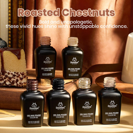 Beetles Brown Gel Polish swatches display mocha to cocoa shades for versatile looks.