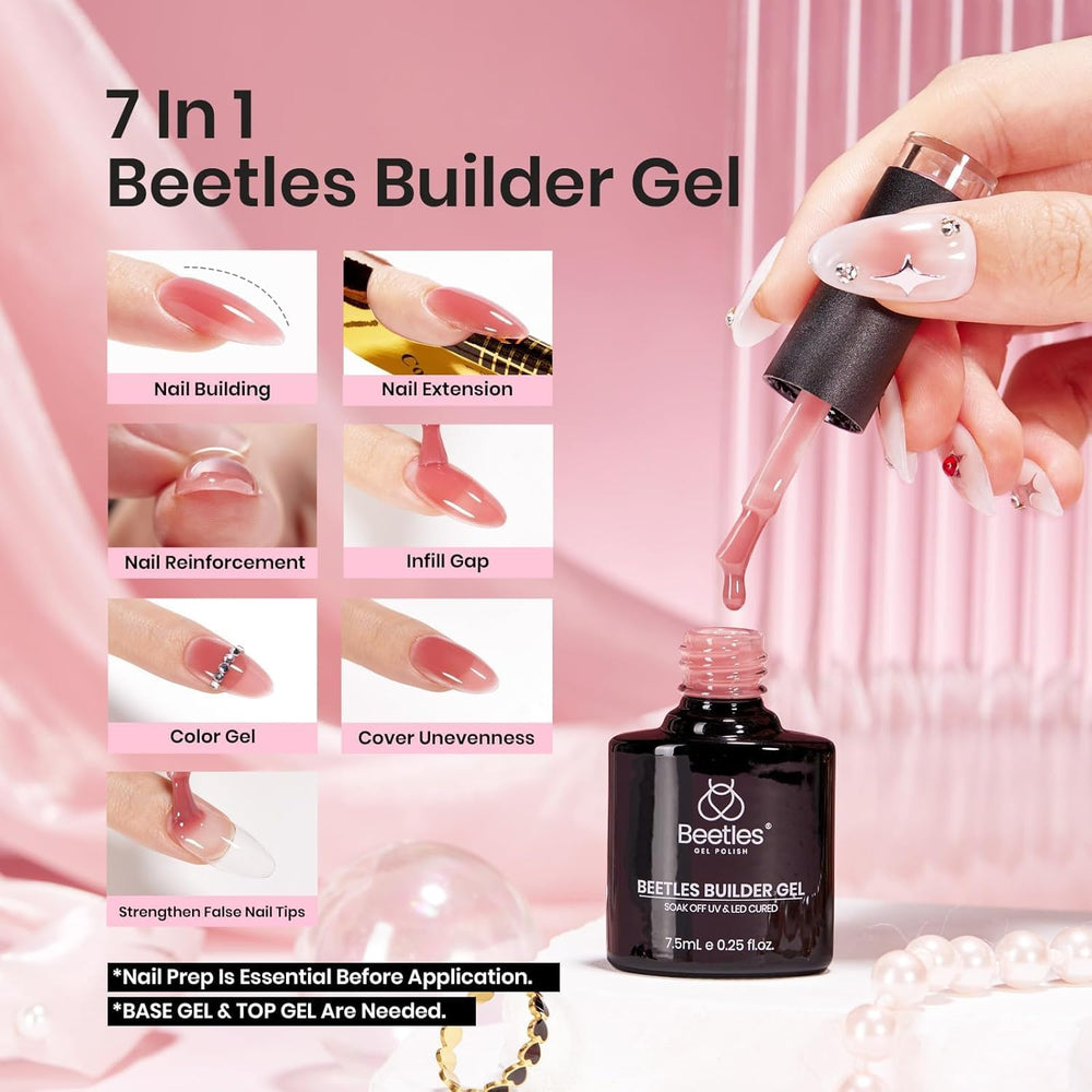 Beetles Builder Gel used on practice nails to form smooth extension