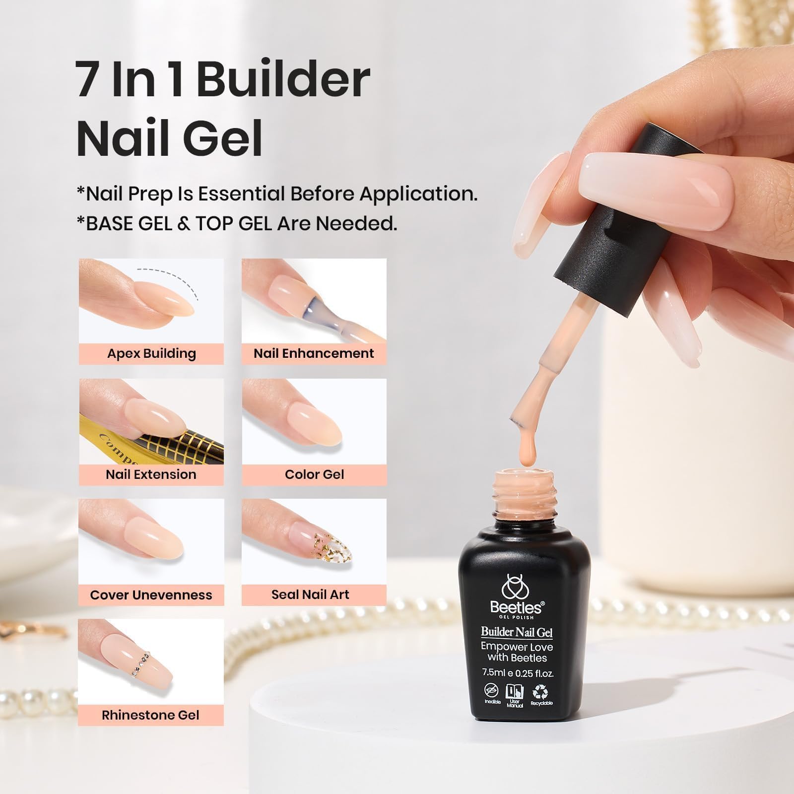 Swatches and nail extensions displaying Beetles Builder Gel colors.