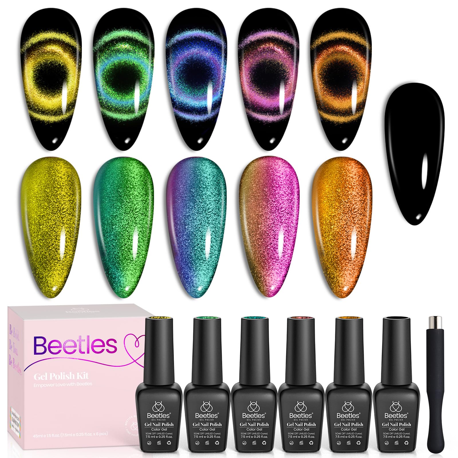 Beetles Cat Eye Gel magnet demonstrating the magnetic shift for customizable nail designs.