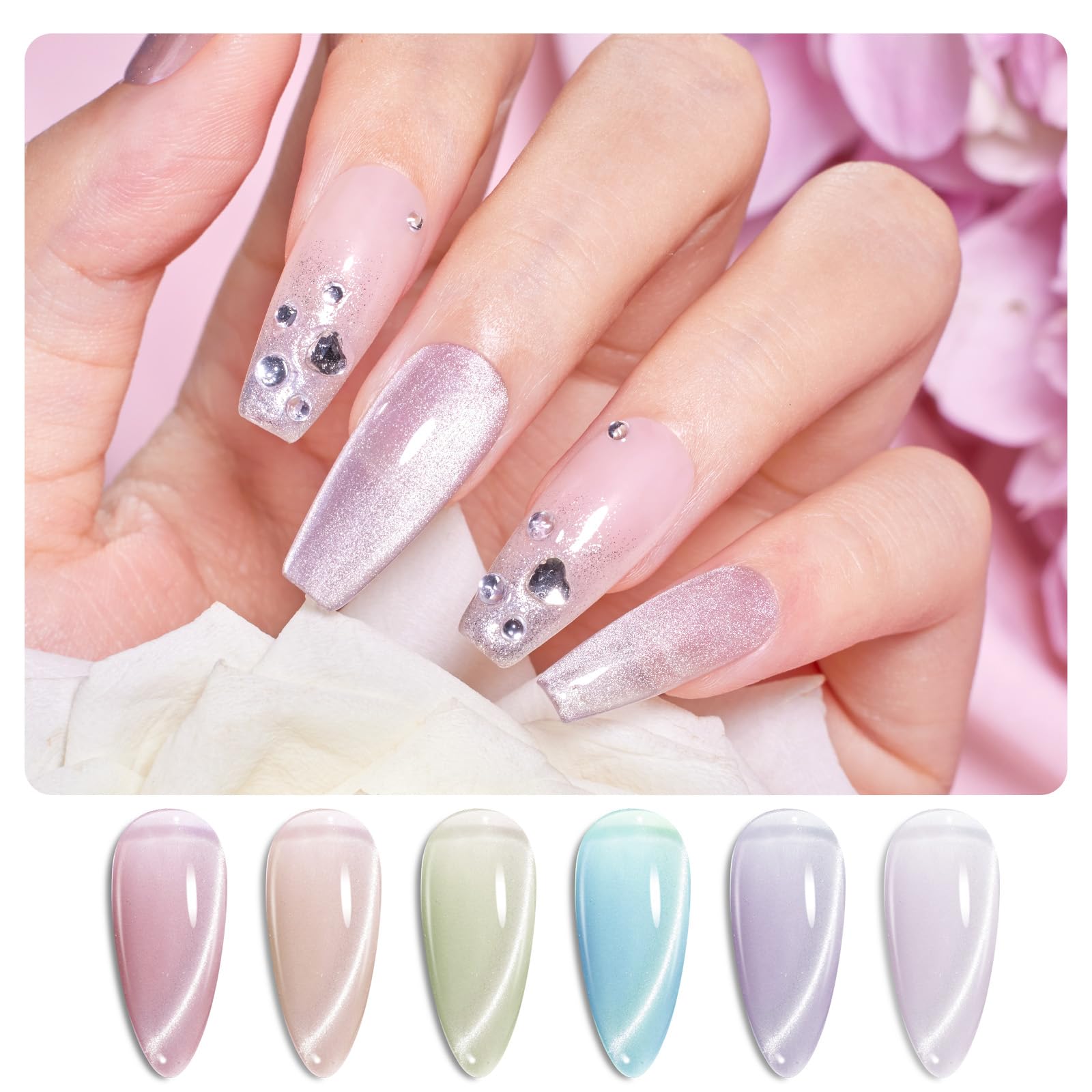 Beetles Cat Eye Gel Kit Display reveals color variety for versatile DIY nails.