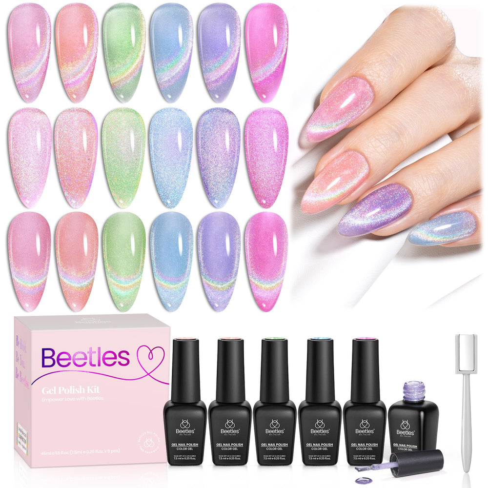 Beetles Cat Eye Gel flatlay showing six rainbow shades for nails