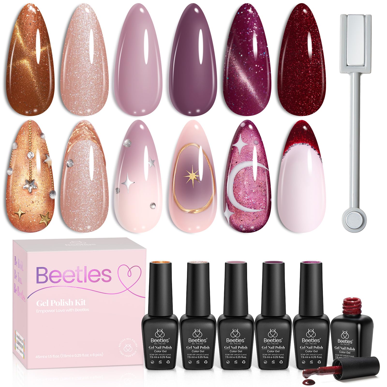 Beetles Cat Eye Gel Polish Set bottles show six magnetic colors for chic nails.