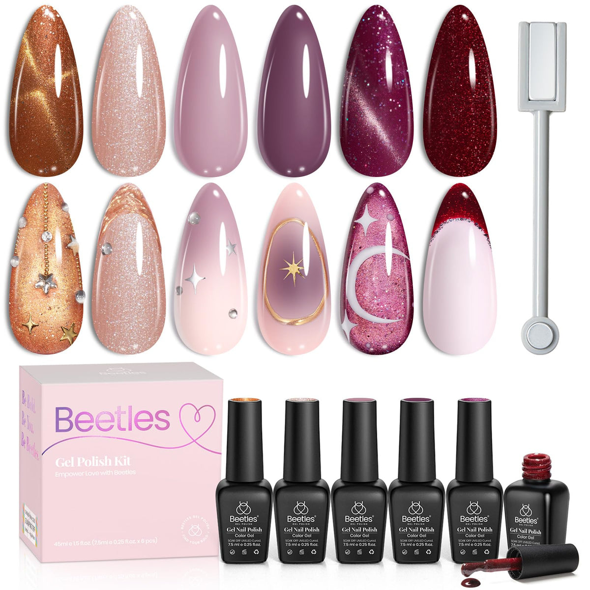 Beetles Cat Eye Gel Polish Set bottles show six magnetic colors for chic nails.