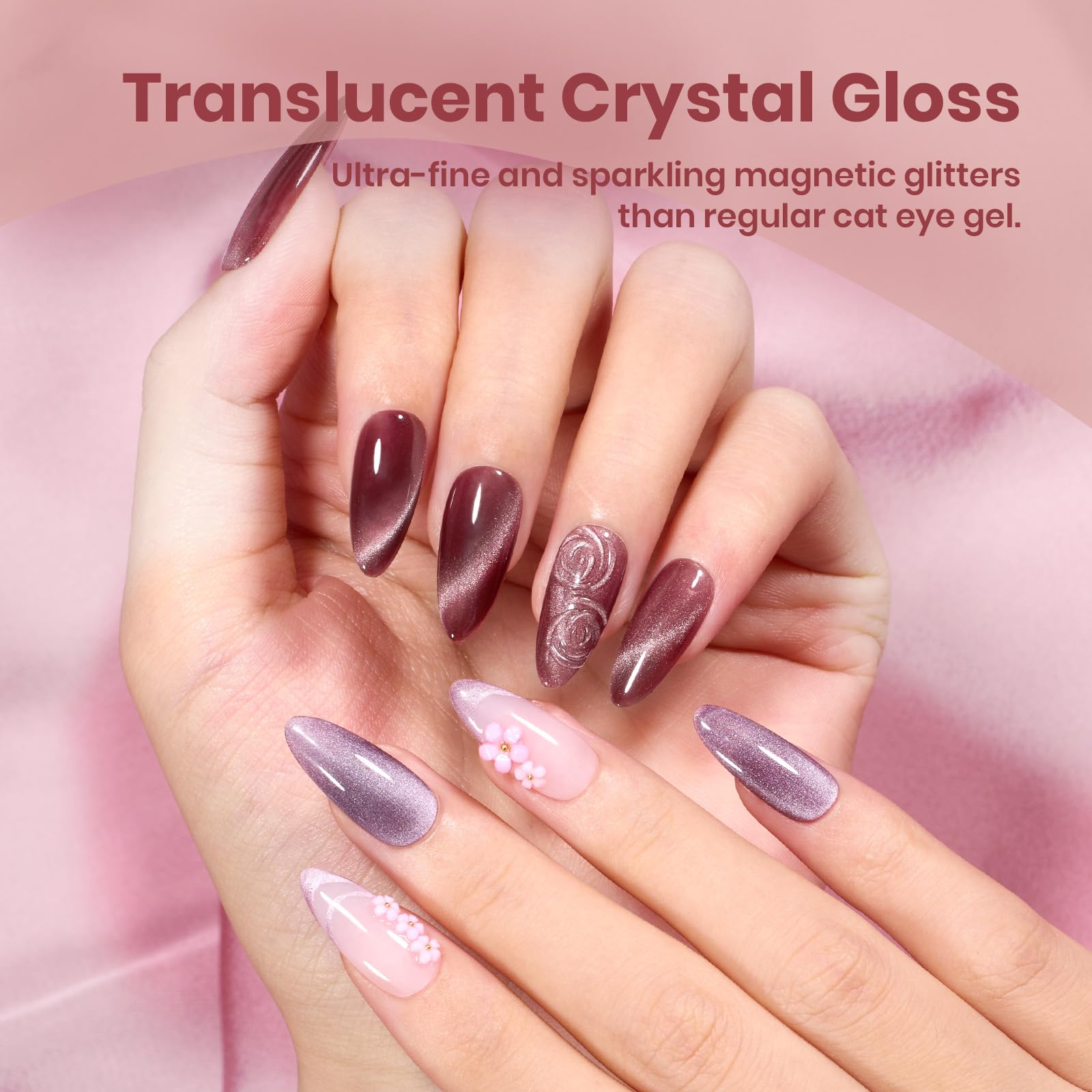 Beetles glitter cat eye gel polish close-up with sparkling particles.