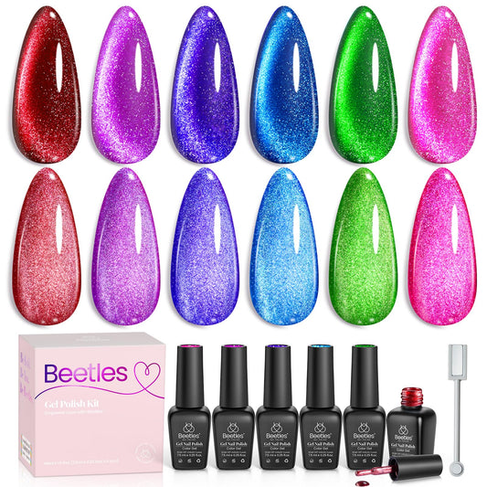 Beetles Cat Eye neon red swatch with magnetic shimmer for chic nails.
