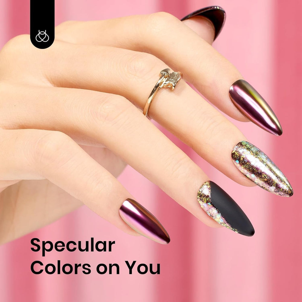 Beetles chrome nail powder Pearlescent Blue for a cool, reflective manicure