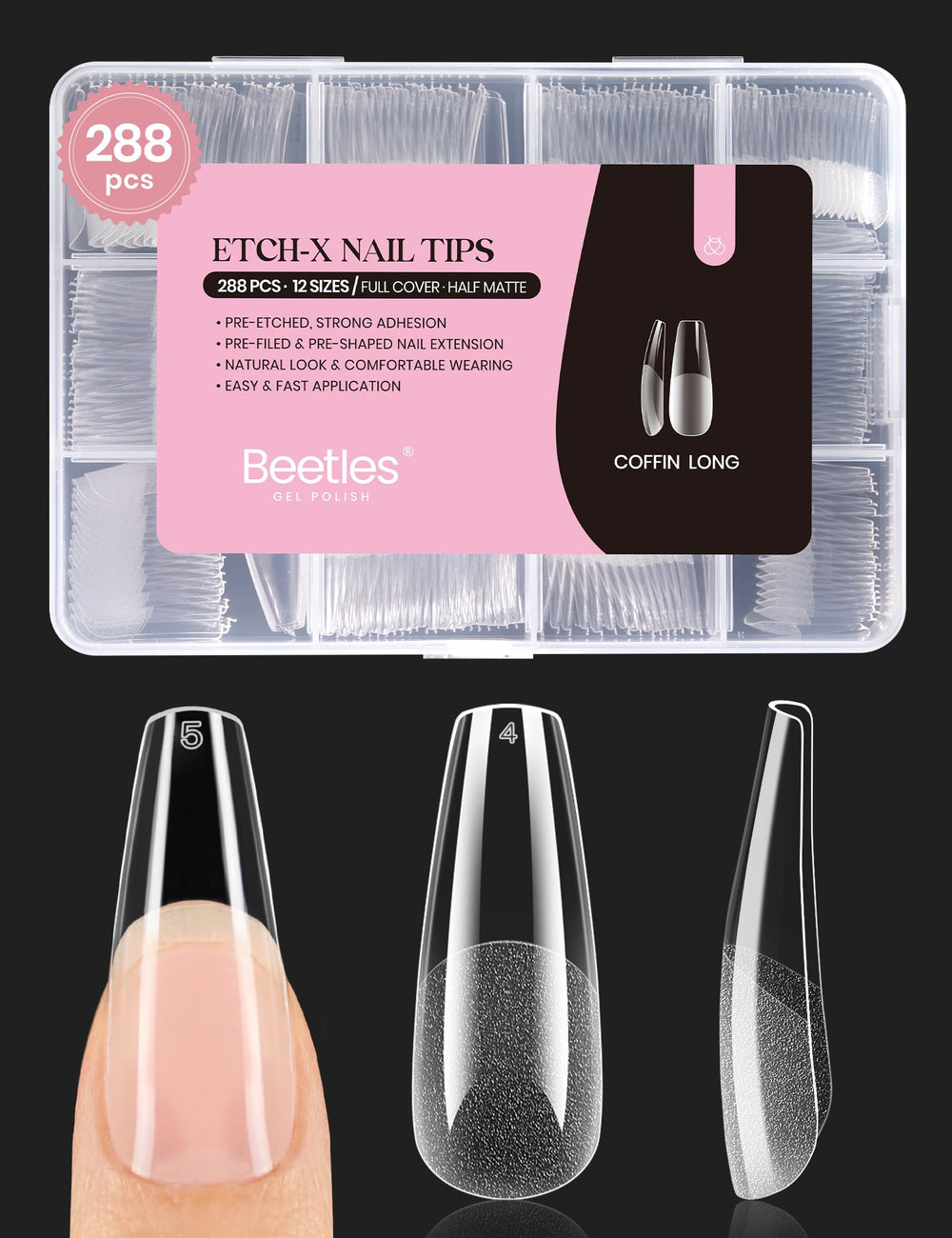 Beetles coffin long gel nail tips pre-etched for easy adhesion and grip