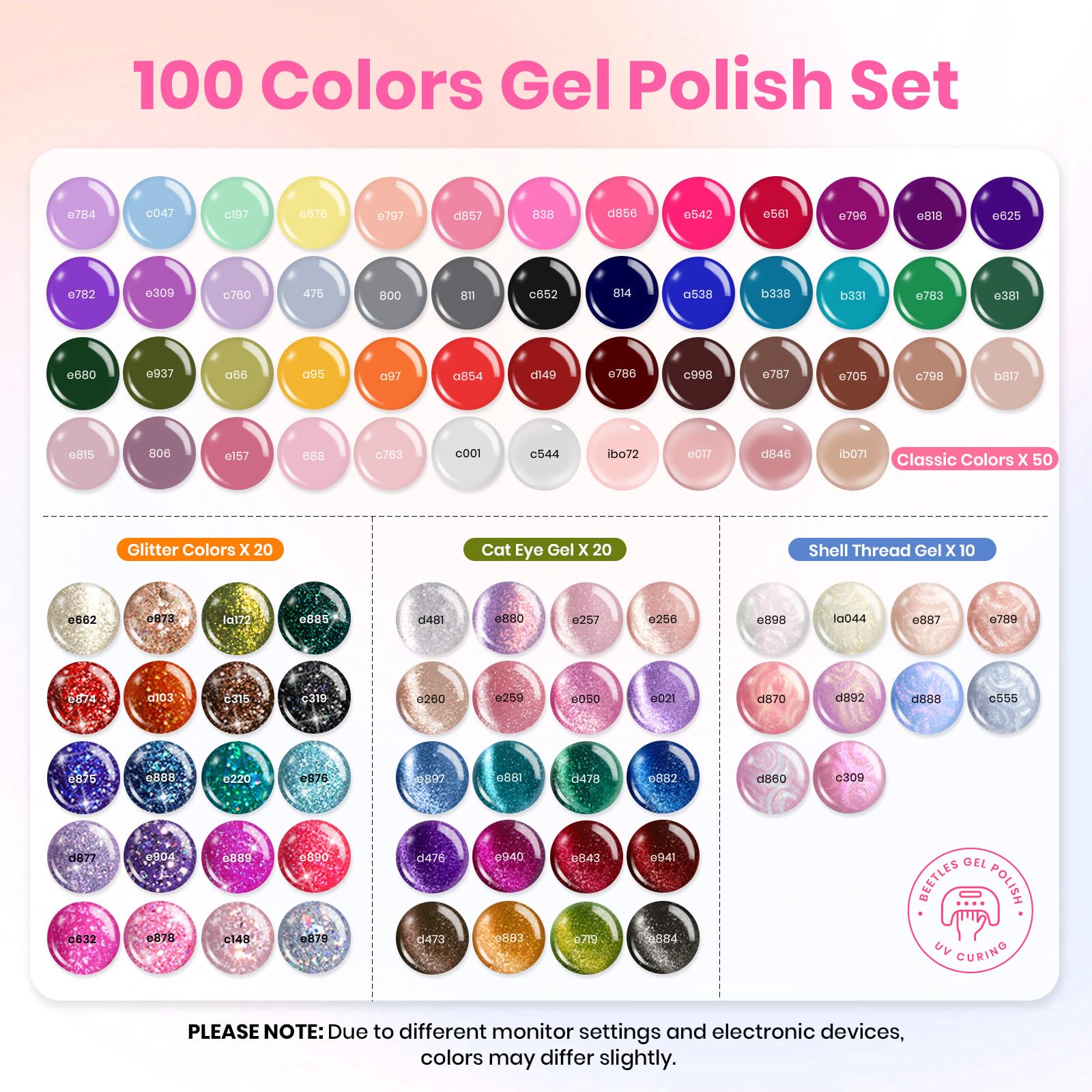Beetles collection of colors showing wide range for creative nail art at home
