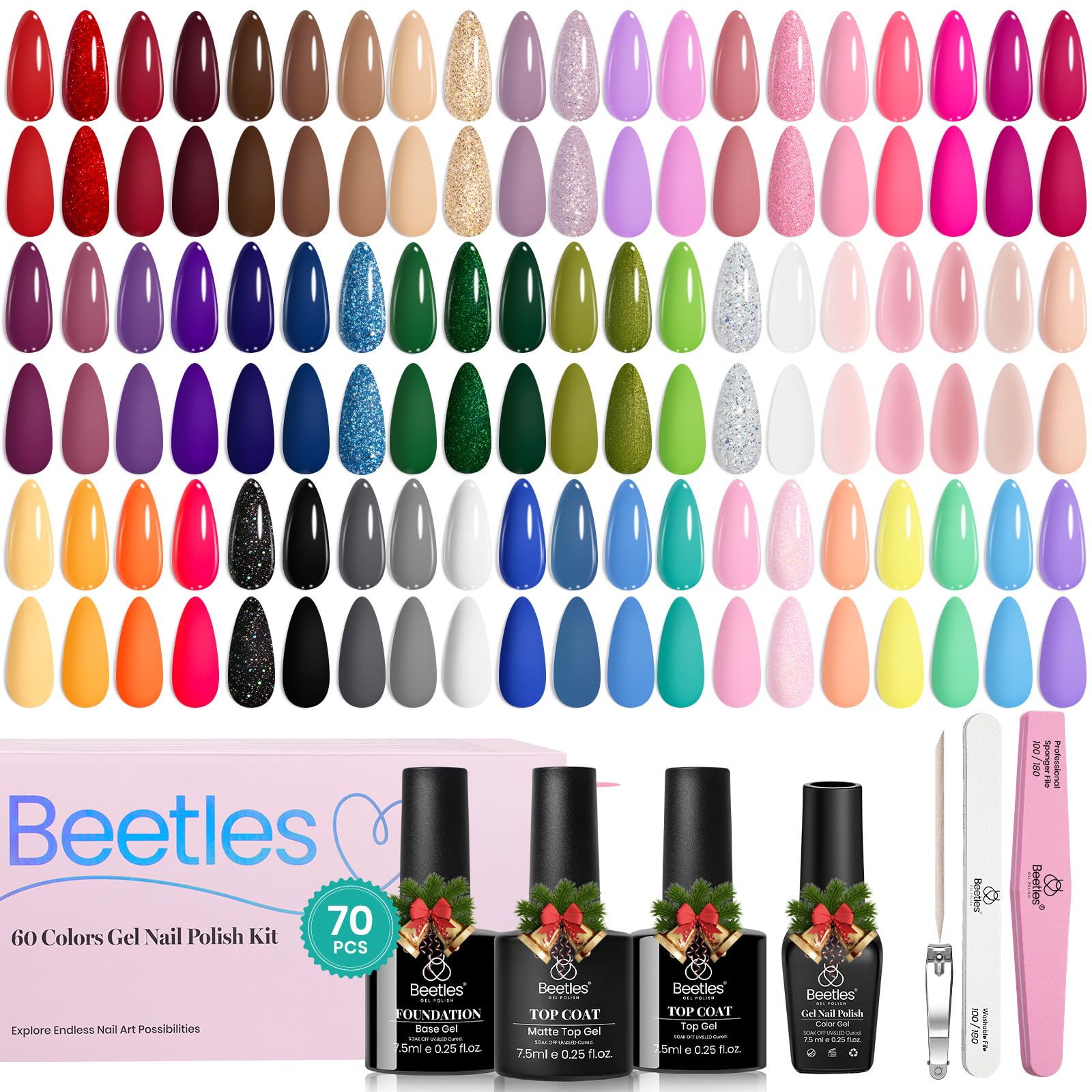 Beetles complete nail-care set includes file, buffer, cuticle stick, and guide.