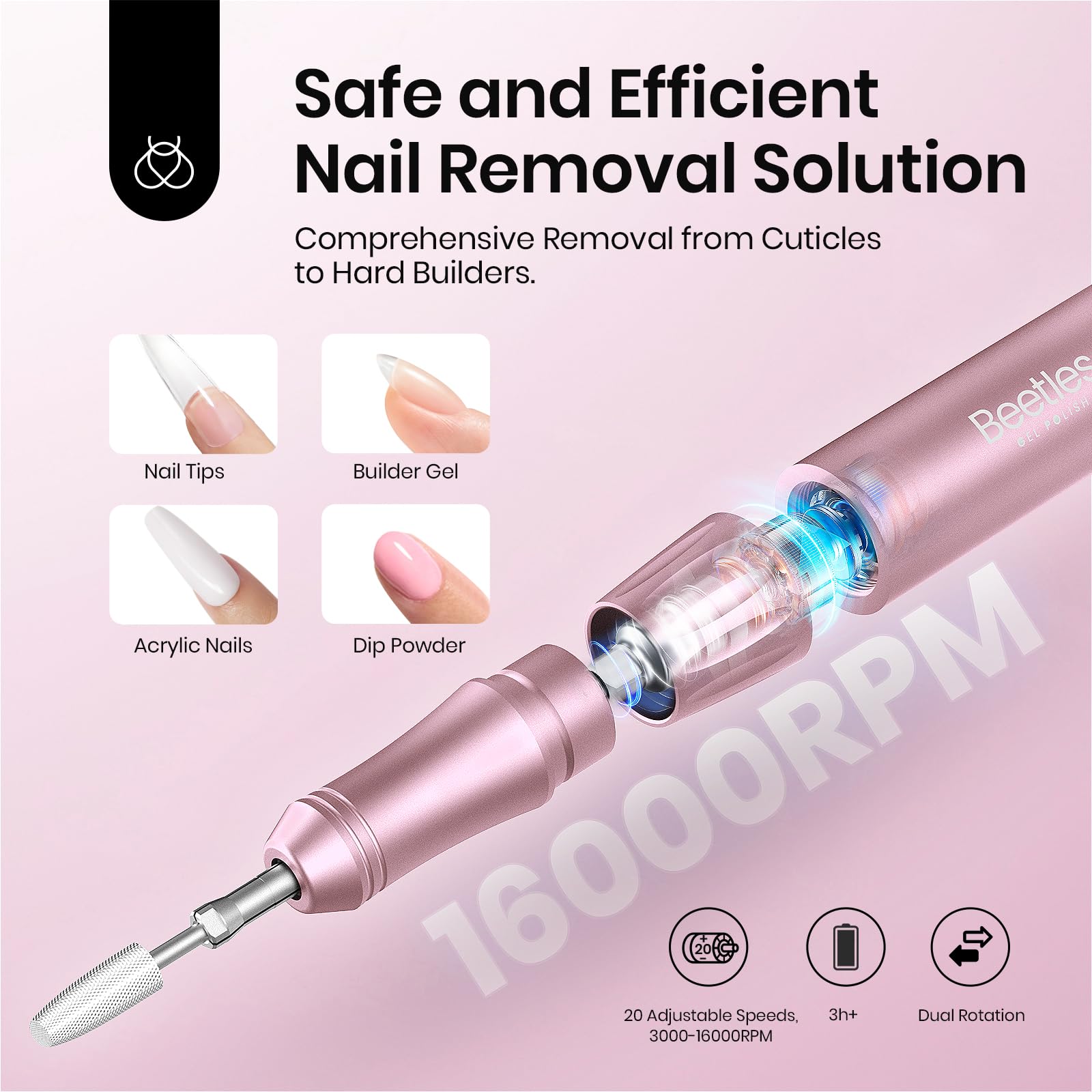 Beetles cordless nail drill rose gold, side view highlighting portability for on-the-go manicures.