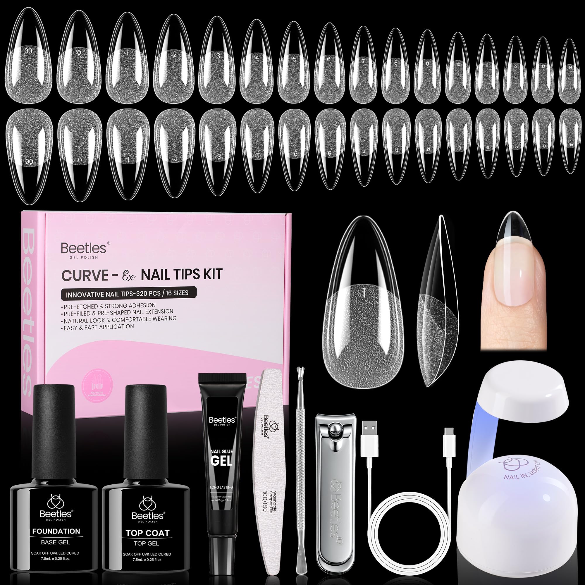 Beetles Curve-EX almond nail tips provide secure extensions for curved nails and durable wear.