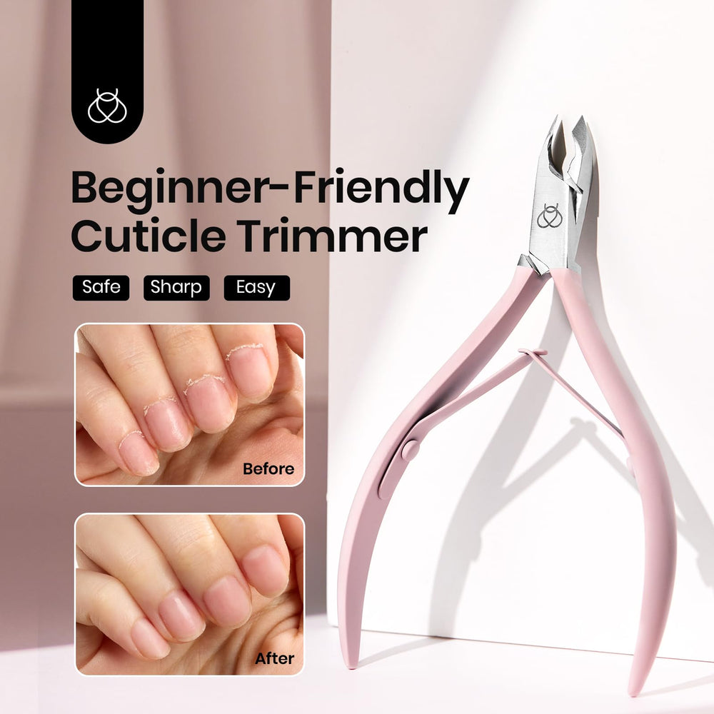 Beetles Cuticle Trimmer angled jaw design enhances visibility and control during trimming.