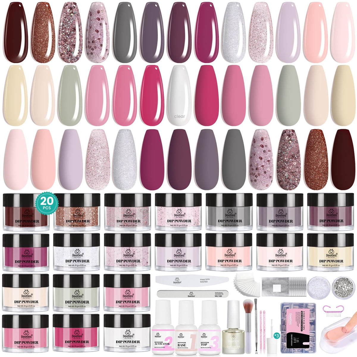Beetles Dip Powder kit color swatches with 20 shades for versatile looks