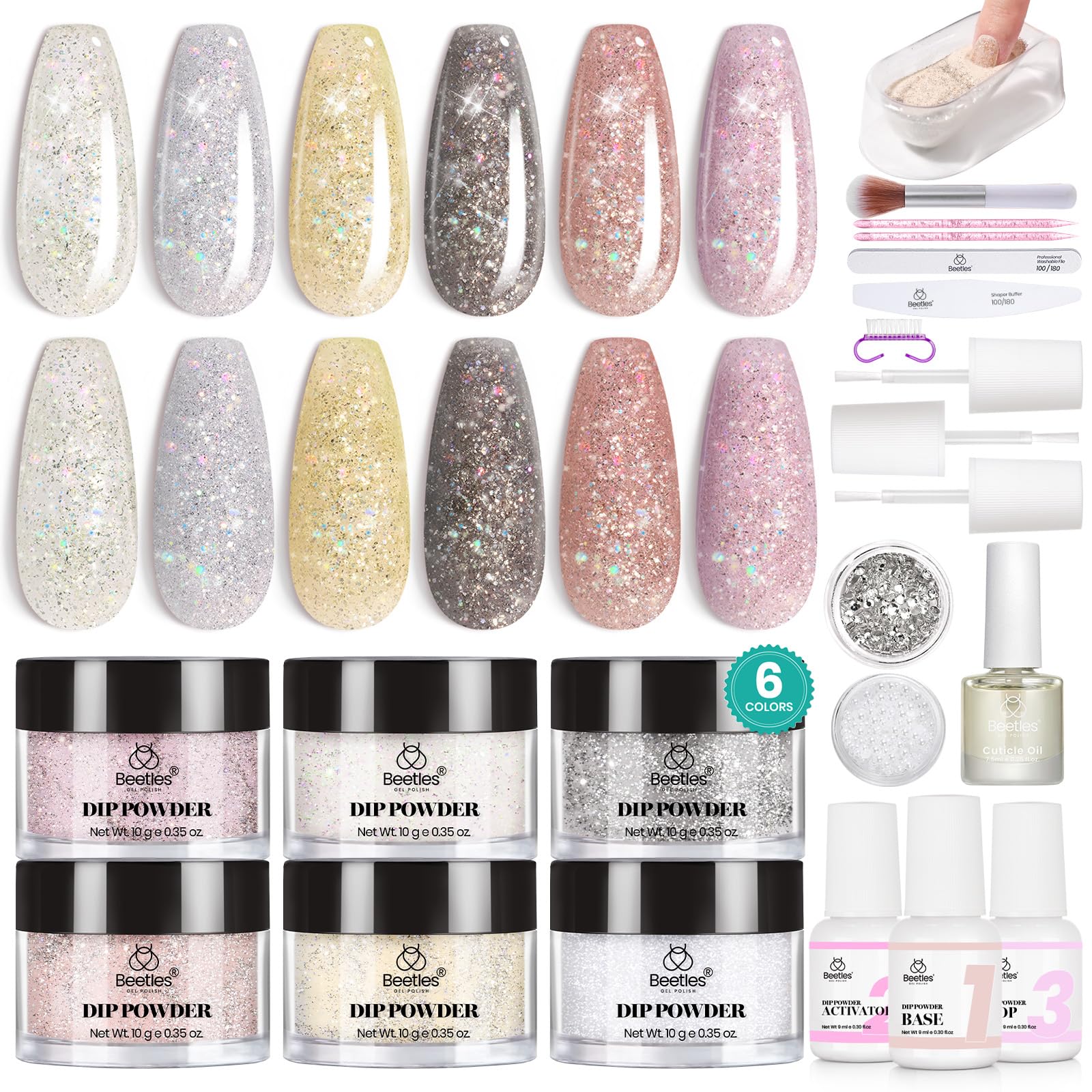 Beetles Dip Powder Kit color swatches show six shades for at-home manicure options.