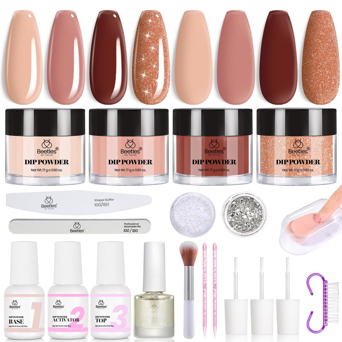 Beetles Espresso Glow color swatches show brown nude and glitter shades for chic nails.