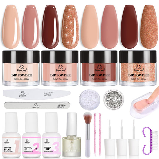 Beetles Espresso Glow color swatches show brown nude and glitter shades for chic nails.