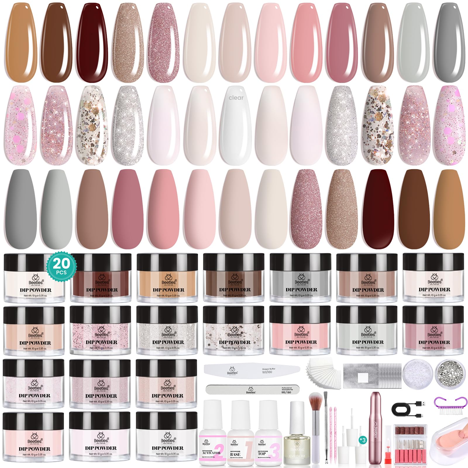 Beetles Dip Powder Nail Kit Peach Brownie Collection swatches show natural-looking color with lasting shine.