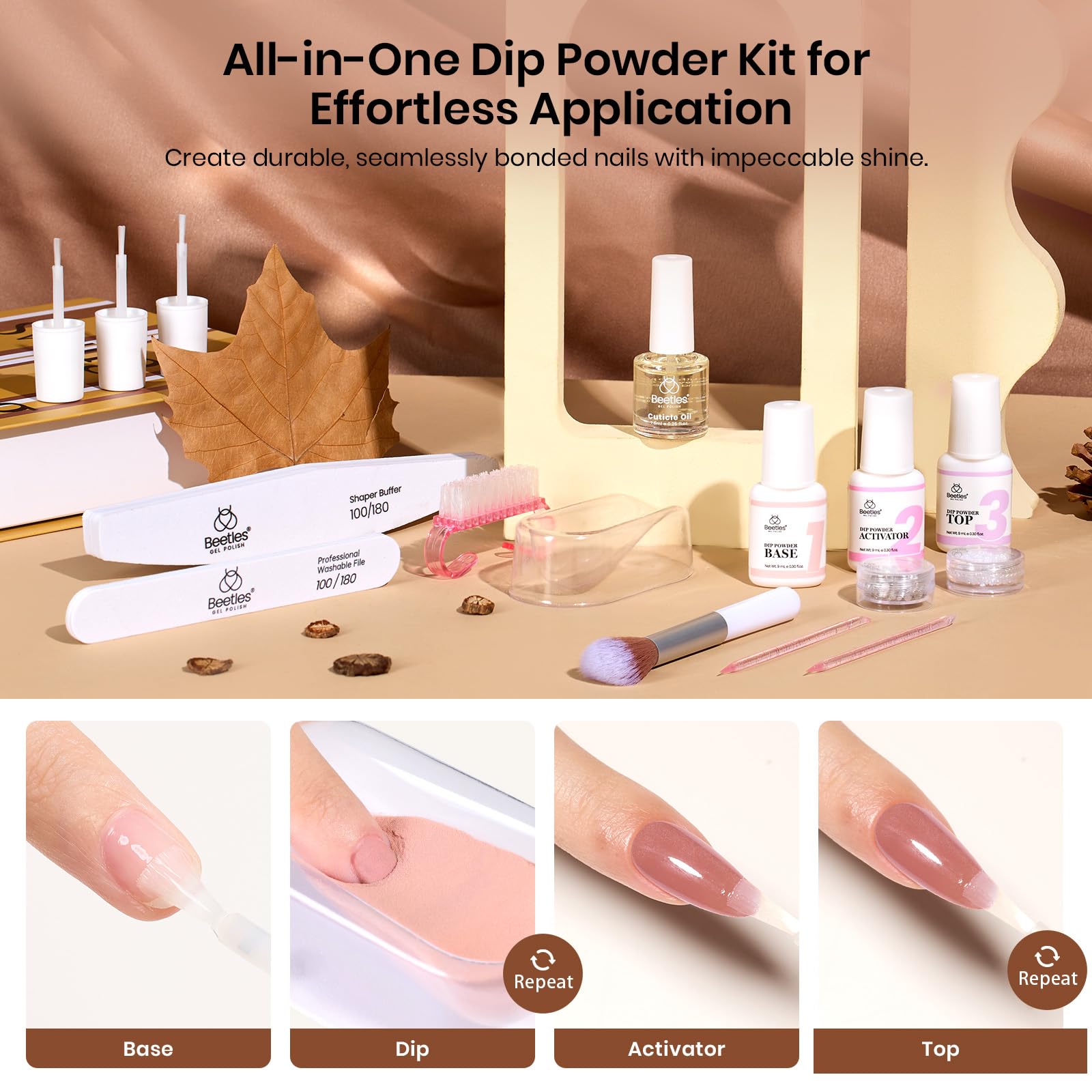Beetles Espresso Glow tones blend brown nude with sparkle for versatile French nail art.