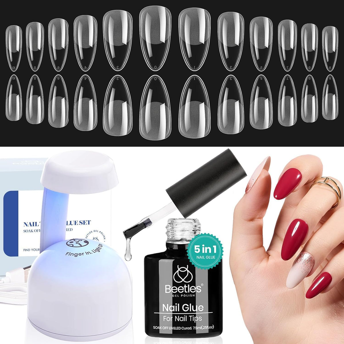 Beetles Etch-X Almond Medium tips: inner frosted texture for quick, secure adhesion.
