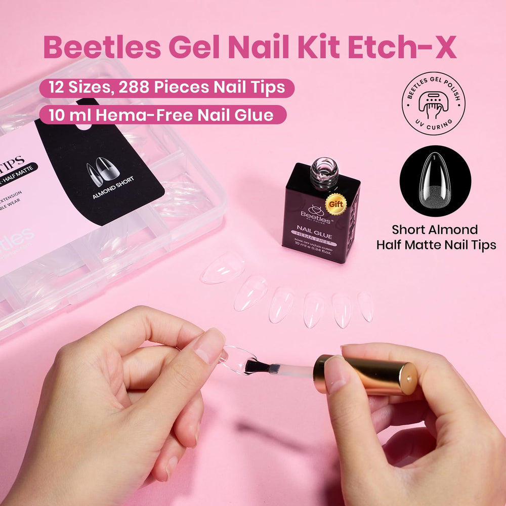 Beetles Etch-X almond short nail tips close-up shows natural-fit edge for daily wear.
