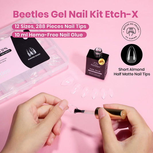 Beetles Etch-X almond short nail tips close-up shows natural-fit edge for daily wear.